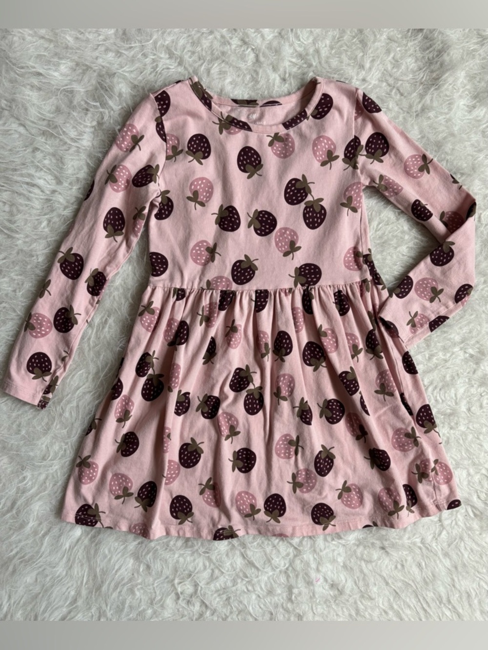 H&M Girls Farmhouse Pastel Pink Strawberry AOP Long Sleeve Dress